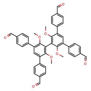 Chemical structure of 5',5''-Bis(4-formylphenyl)-2',2'',4',6''-tetramethoxy-[1,1':3',1'':3'',1'''-quaterphenyl]-4,4'''-dicarbaldehyde , CAS 3007732-81-9, AChemBlock AD278557