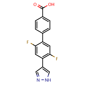 Chemical structure of 2',5'-Difluoro-4'-(1H-pyrazol-4-yl)-[1,1'-biphenyl]-4-carboxylic acid , CAS 3027742-68-0, AChemBlock AD278566