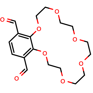 Chemical structure of 2,3,5,6,8,9,11,12,14,15-Decahydro-1,4,7,10,13,16-benzohexaoxacyclooctadecin-17,20-dicarboxaldehyde , CAS 2761822-90-4, AChemBlock AD278574