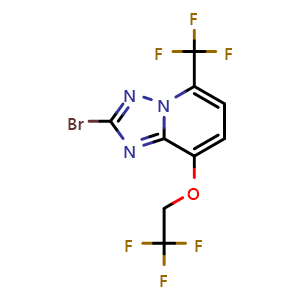 Chemical structure of 2-Bromo-8-(2,2,2-trifluoroethoxy)-5-(trifluoromethyl)[1,2,4]triazolo[1,5-a]pyridine , CAS 2101523-35-5, AChemBlock AD278601