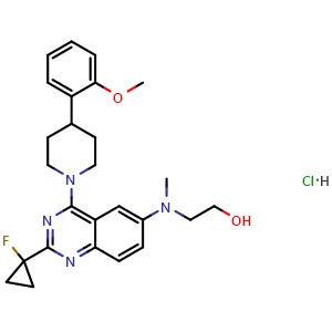 Chemical structure of 2-((2-(1-Fluorocyclopropyl)-4-(4-(2-methoxyphenyl)piperidin-1-yl)quinazolin-6-yl)(methyl)amino)ethan-1-ol hydrochloride , CAS 2772171-50-1, AChemBlock AD278602