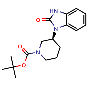 Chemical structure of 1,1-Dimethylethyl (3S)-3-(2,3-dihydro-2-oxo-1H-benzimidazol-1-yl)-1-piperidinecarboxylate , CAS 1304778-22-0, AChemBlock AD278604