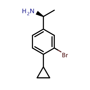 Chemical structure of (S)-1-(3-Bromo-4-cyclopropylphenyl)ethan-1-amine , CAS 2589879-53-6, AChemBlock AD278610