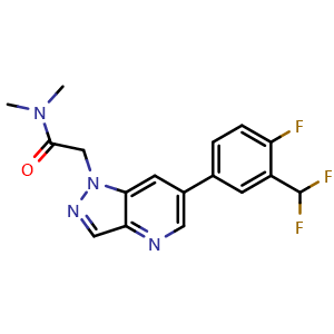 Chemical structure of 6-[3-(Difluoromethyl)-4-fluorophenyl]-N,N-dimethyl-1H-pyrazolo[4,3-b]pyridine-1-acetamide , CAS 2568553-41-1, AChemBlock AD278614