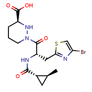 Chemical structure of (S)-1-((S)-3-(4-Bromothiazol-2-yl)-2-((1S,2S)-2-methylcyclopropane-1-carboxamido)propanoyl)hexahydropyridazine-3-carboxylic acid , CAS 3060084-22-9, AChemBlock AD278615