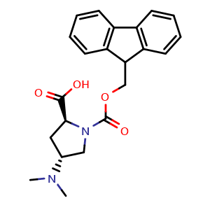 Chemical structure of (2S,4R)-4-(dimethylamino)-1-(9H-fluoren-9-ylmethoxycarbonyl)pyrrolidine-2-carboxylic acid , CAS 3064793-49-0, AChemBlock AD278636