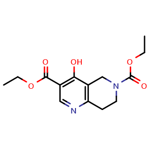 Chemical structure of Diethyl 4-hydroxy-7,8-dihydro-1,6-naphthyridine-3,6(5H)-dicarboxylate , CAS 102200-71-5, AChemBlock AD278639
