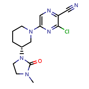 Chemical structure of (R)-3-Chloro-5-[3-(3-methyl-2-oxo-1-imidazolidinyl)-1-piperidyl]pyrazine-2-carbonitrile , CAS 1791402-90-8, AChemBlock AD278668