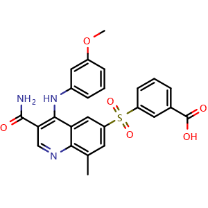 Chemical structure of 3-[[3-Carbamoyl-4-[(3-methoxyphenyl)amino]-8-methyl-6-quinolyl]sulfonyl]benzoic acid , CAS 801311-41-1, AChemBlock AD278687