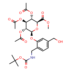 Chemical structure of 2-[2-[(Boc-amino)methyl]-5-(hydroxymethyl)phenoxy]-6-(methoxycarbonyl)tetrahydro-2H-pyran-3,4,5-triyl (2S,3R,4S,5S,6S)-triacetate , CAS 3025520-82-2, AChemBlock AD278693