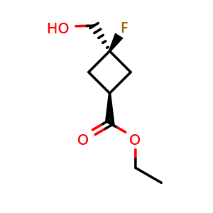 Chemical structure of Ethyl trans-3-fluoro-3-(hydroxymethyl)cyclobutanecarboxylate , CAS 2287342-53-2, AChemBlock AD278702