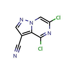 Chemical structure of 4,6-Dichloropyrazolo[1,5-a]pyrazine-3-carbonitrile , CAS 2760852-59-1, AChemBlock AD278712