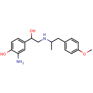 Chemical structure of 2-Amino-4-[1-hydroxy-2-[[1-(4-methoxyphenyl)-2-propyl]amino]ethyl]phenol , CAS 150513-24-9, AChemBlock AD278738