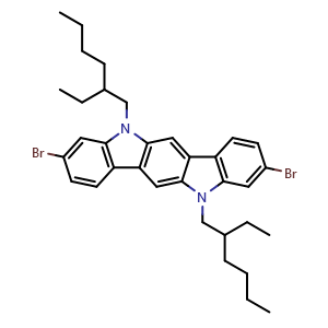 Chemical structure of 3,9-Dibromo-5,11-bis(2-ethylhexyl)-5,11-dihydroindolo[3,2-b]carbazole , CAS 882066-04-8, AChemBlock AD278789