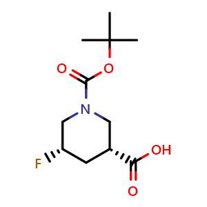 Chemical structure of (3R,5S)-1-Boc-5-fluoropiperidine-3-carboxylic acid , CAS 2703746-42-1, AChemBlock AD278798