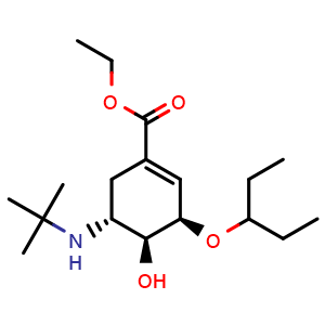 Chemical structure of Ethyl (3R,4S,5R)-5-(tert-butylamino)-4-hydroxy-3-(pentan-3-yloxy)cyclohex-1-ene-1-carboxylate , CAS 651324-04-8, AChemBlock AD278847