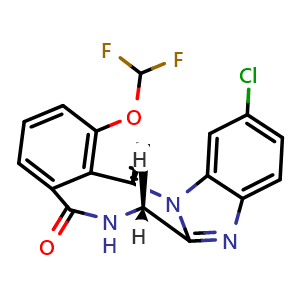 Chemical structure of (7R,14R)-11-Chloro-1-(difluoromethoxy)-6,7-dihydro-7,14-methanobenzimidazo[1,2-b][2,5]benzodiazocin-5(14H)-one , CAS 1899901-85-9, AChemBlock AD278850