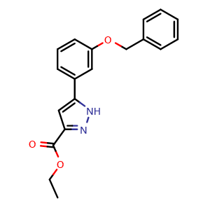 Chemical structure of Ethyl 5-(3-(benzyloxy)phenyl)-1H-pyrazole-3-carboxylate , CAS 1188374-43-7, AChemBlock AD278867