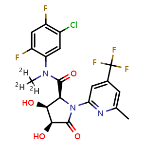 Chemical structure of (2S,3S,4S)-N-(5-Chloro-2,4-difluoro-phenyl)-3,4-dihydroxy-1-[6-methyl-4-(trifluoromethyl)-2-pyridyl]-5-oxo-N-(trideuteriomethyl)pyrrolidine-2-carboxamide , CAS 2598122-35-9, AChemBlock AD278898