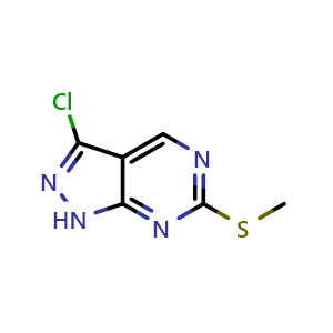 Chemical structure of 3-Chloro-6-(methylsulfanyl)-1H-pyrazolo[3,4-d]pyrimidine , CAS 100859-88-9, AChemBlock AD278907