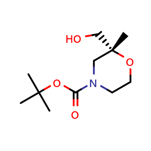 Chemical structure of tert-Butyl (2R)-2-(hydroxymethyl)-2-methylmorpholine-4-carboxylate , CAS 2997009-23-9, AChemBlock AD278919