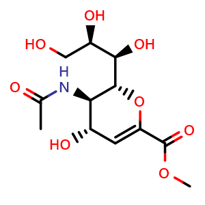 Chemical structure of Methyl (2R,3R,4S)-3-acetamido-4-hydroxy-2-[(1R,2R)-1,2,3-trihydroxypropyl]-3,4-dihydro-2H-pyran-6-carboxylate , CAS 25875-99-4, AChemBlock AD278927
