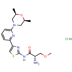 Chemical structure of (2S)-2-Amino-N-[4-[6-[cis-2,6-dimethylmorpholin-4-yl]-2-pyridyl]thiazol-2-yl]-3-methoxy-propanamide hydrochloride , CAS 2468054-87-5, AChemBlock AD278947