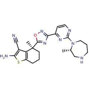 Chemical structure of (4S)-2-Amino-4-methyl-4-[3-[2-[(2S)-2-methyl-1,4-diazepan-1-yl]pyrimidin-4-yl]-1,2,4-oxadiazol-5-yl]-6,7-dihydro-5H-benzothiophene-3-carbonitrile , CAS 2937327-83-6, AChemBlock AD278960