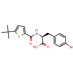 Chemical structure of (S)-3-(4-Bromophenyl)-2-(5-(tert-butyl)thiophene-2-carboxamido)propanoic acid , CAS 1949781-42-3, AChemBlock AD278978