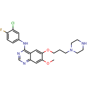 Chemical structure of N-(3-Chloro-4-fluorophenyl)-7-methoxy-6-(3-(piperazin-1-yl)propoxy)quinazolin-4-amine , CAS 295330-45-9, AChemBlock AD279001