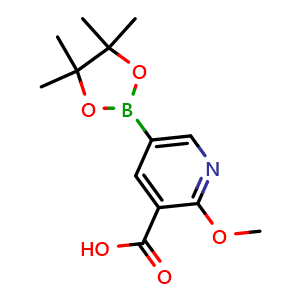 Chemical structure of 2-Methoxy-5-(tetramethyl-1,3,2-dioxaborolan-2-yl)pyridine-3-carboxylic acid , CAS 2319663-37-9, AChemBlock AD279011