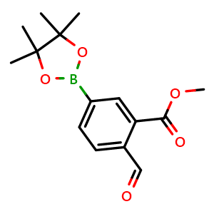 Chemical structure of Methyl 2-formyl-5-(tetramethyl-1,3,2-dioxaborolan-2-yl)benzoate , CAS 2377607-28-6, AChemBlock AD279012