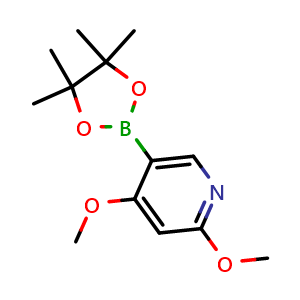 Chemical structure of 2,4-Dimethoxy-5-(4,4,5,5-tetramethyl-1,3,2-dioxaborolan-2-yl)pyridine , CAS 2223053-94-7, AChemBlock AD279016