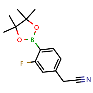 Chemical structure of 2-(3-Fluoro-4-(4,4,5,5-tetramethyl-1,3,2-dioxaborolan-2-yl)phenyl)acetonitrile , CAS 2673219-64-0, AChemBlock AD279021