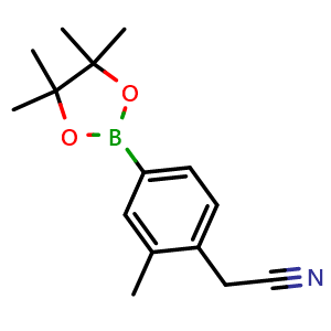 Chemical structure of 2-(2-Methyl-4-(4,4,5,5-tetramethyl-1,3,2-dioxaborolan-2-yl)phenyl)acetonitrile , CAS 2410032-58-3, AChemBlock AD279022