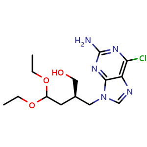 Chemical structure of (R)-2-((2-Amino-6-chloro-9H-purin-9-yl)methyl)-4,4-diethoxybutan-1-ol , CAS 211374-33-3, AChemBlock AD279057