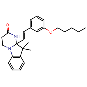 Chemical structure of (E)-10,10-Dimethyl-10a-(3-(pentyloxy)styryl)-3,4,10,10a-tetrahydropyrimido[1,2-a]indol-2(1H)-one , CAS 3035441-35-8, AChemBlock AD279058