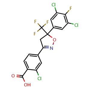 Chemical structure of 2-Chloro-4-(5-(3,5-dichloro-4-fluorophenyl)-5-(trifluoromethyl)-4,5-dihydroisoxazol-3-yl)benzoic acid , CAS 2247902-48-1, AChemBlock AD279063