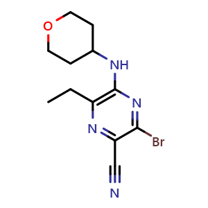 Chemical structure of 3-Bromo-6-ethyl-5-[(tetrahydro-2H-pyran-4-yl)amino]-2-pyrazinecarbonitrile , CAS 2043019-98-1, AChemBlock AD279067