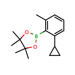 Chemical structure of 2-(2-Cyclopropyl-6-methylphenyl)-4,4,5,5-tetramethyl-1,3,2-dioxaborolane , CAS 2223036-65-3, AChemBlock AD279069