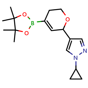 Chemical structure of 1-Cyclopropyl-4-(4-(4,4,5,5-tetramethyl-1,3,2-dioxaborolan-2-yl)-5,6-dihydro-2H-pyran-2-yl)-1H-pyrazole , CAS 2738495-81-1, AChemBlock AD279072