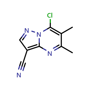 Chemical structure of 7-Chloro-5,6-dimethylpyrazolo[1,5-a]pyrimidine-3-carbonitrile , CAS 1310250-25-9, AChemBlock AD279075