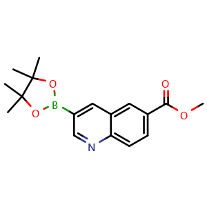 Chemical structure of Methyl 3-(4,4,5,5-tetramethyl-1,3,2-dioxaborolan-2-yl)quinoline-6-carboxylate , CAS 2640496-82-6, AChemBlock AD279100