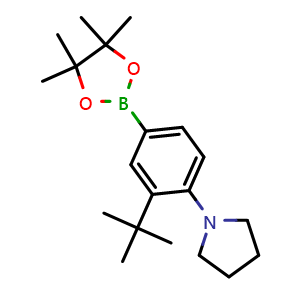 Chemical structure of 1-(2-(Tert-butyl)-4-(4,4,5,5-tetramethyl-1,3,2-dioxaborolan-2-yl)phenyl)pyrrolidine , CAS 2891910-67-9, AChemBlock AD279106