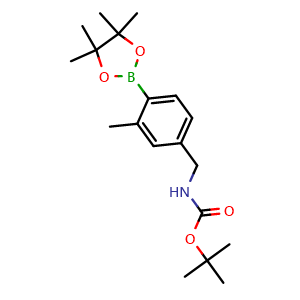 Chemical structure of Tert-butyl (3-methyl-4-(4,4,5,5-tetramethyl-1,3,2-dioxaborolan-2-yl)benzyl)carbamate , CAS 2797183-45-8, AChemBlock AD279110