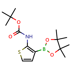 Chemical structure of tert-Butyl (3-(4,4,5,5-tetramethyl-1,3,2-dioxaborolan-2-yl)thiophen-2-yl)carbamate , CAS 2563886-34-8, AChemBlock AD279111