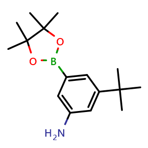 Chemical structure of 3-(tert-Butyl)-5-(4,4,5,5-tetramethyl-1,3,2-dioxaborolan-2-yl)aniline , CAS 2920483-35-6, AChemBlock AD279125