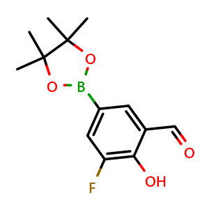 Chemical structure of 3-Fluoro-2-hydroxy-5-(4,4,5,5-tetramethyl-1,3,2-dioxaborolan-2-yl)benzaldehyde , CAS 2490492-59-4, AChemBlock AD279126