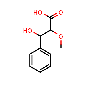 Chemical structure of 3-Hydroxy-2-methoxy-3-phenylpropanoic acid , CAS 730237-11-3, AChemBlock AD279129