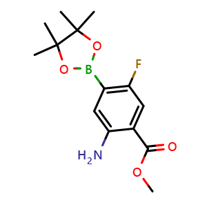 Chemical structure of Methyl 2-amino-5-fluoro-4-(4,4,5,5-tetramethyl-1,3,2-dioxaborolan-2-yl)benzoate , CAS 2439197-20-1, AChemBlock AD279137